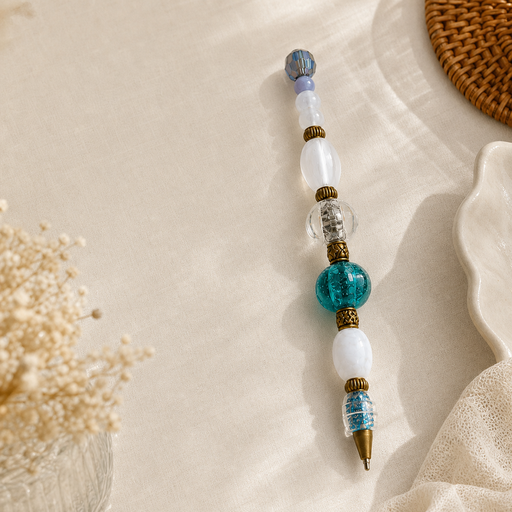 Blue and turquoise handmade beaded pens