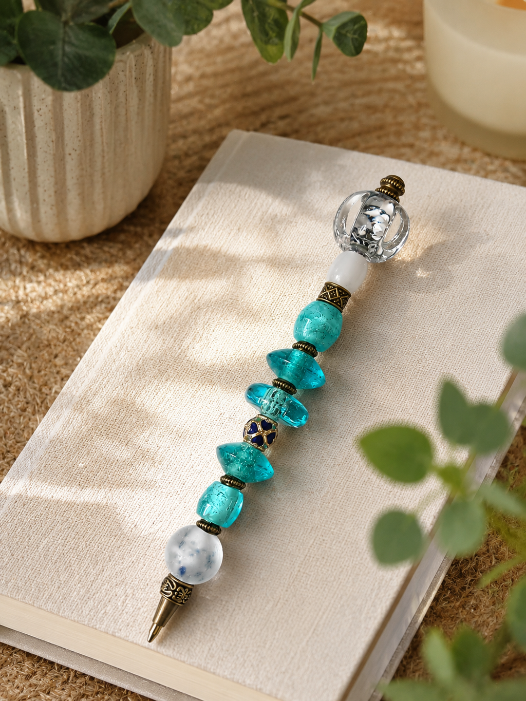 Elegant desk vignette with the Lagoon beaded pen