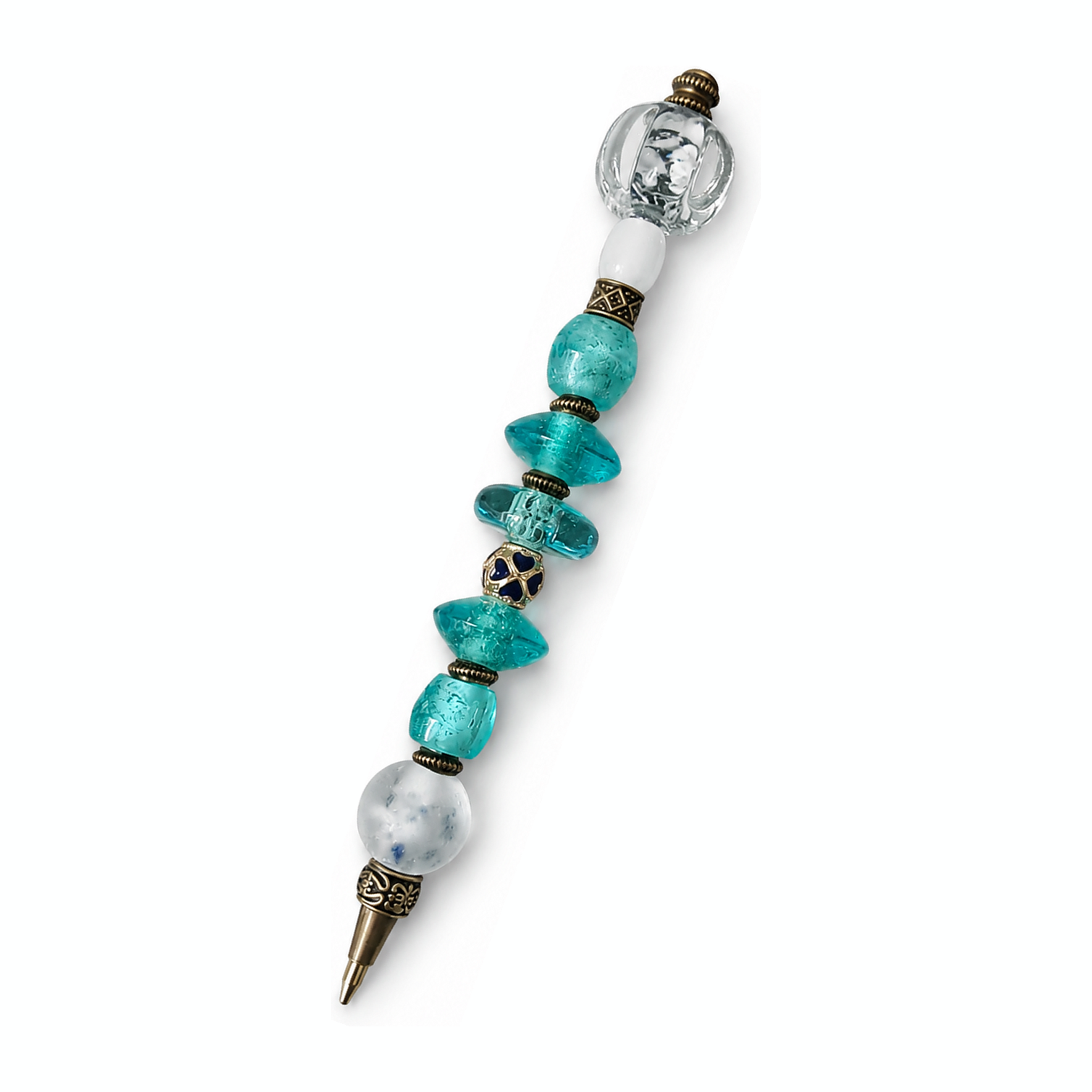 Lagoon handmade beaded pen with turquoise glass beads and antique brass fittings
