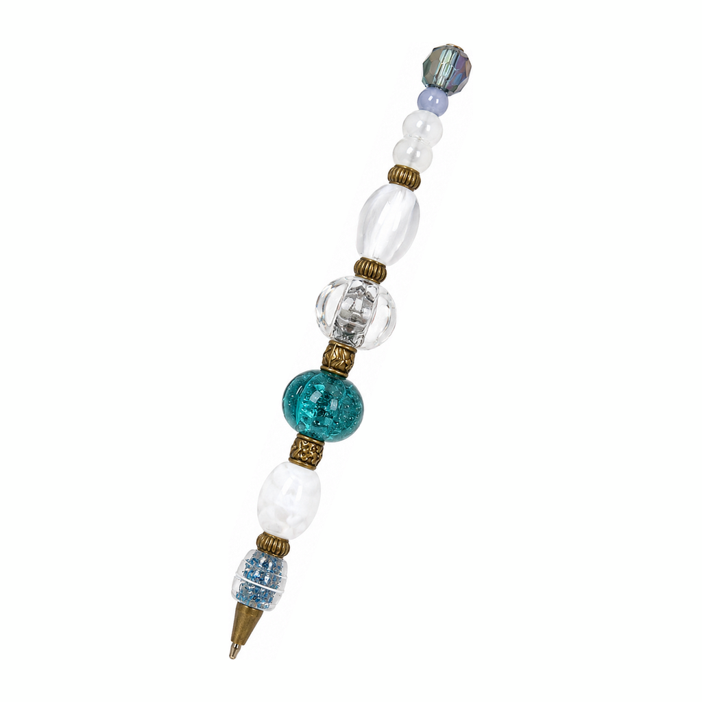 Tidepool handmade beaded pen with teal & clear glass beads and antique brass fittings