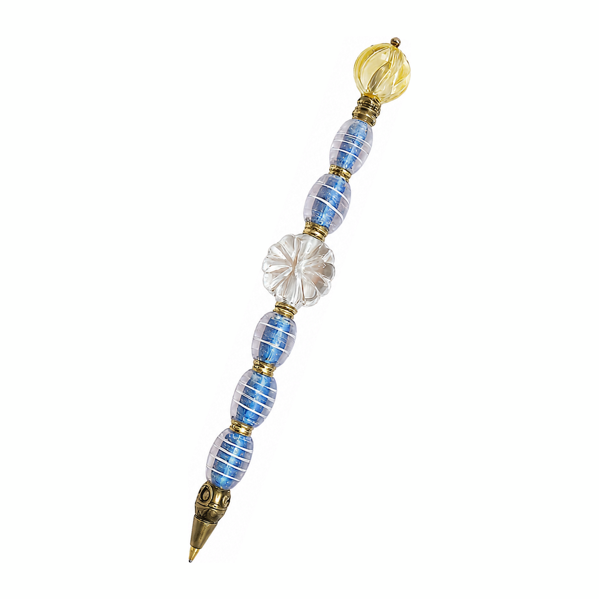 Delft Spiral handmade beaded pen with blue & white glass beads and antique brass fittings