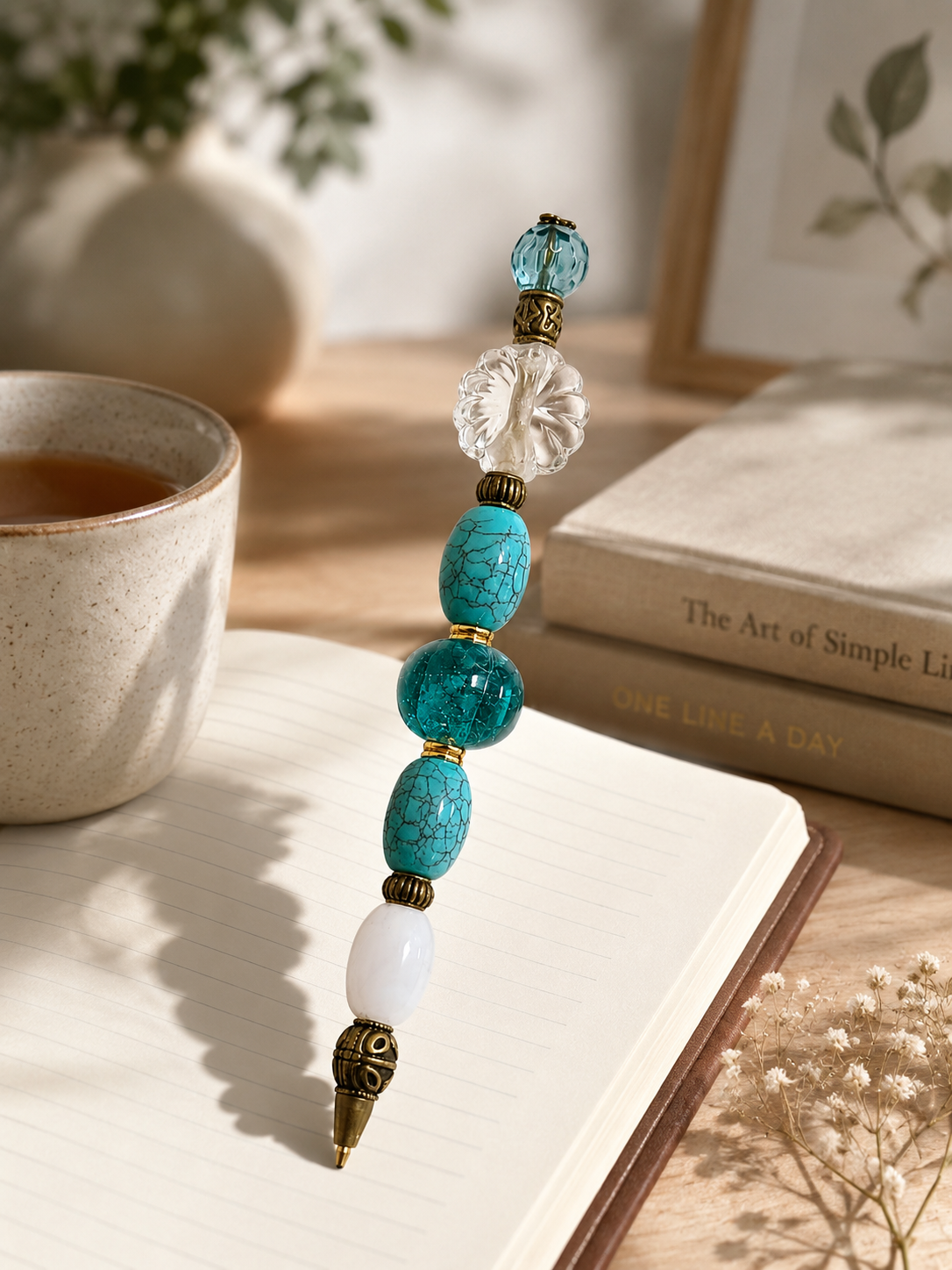 Elegant desk vignette with the Turquoise Bloom beaded pen