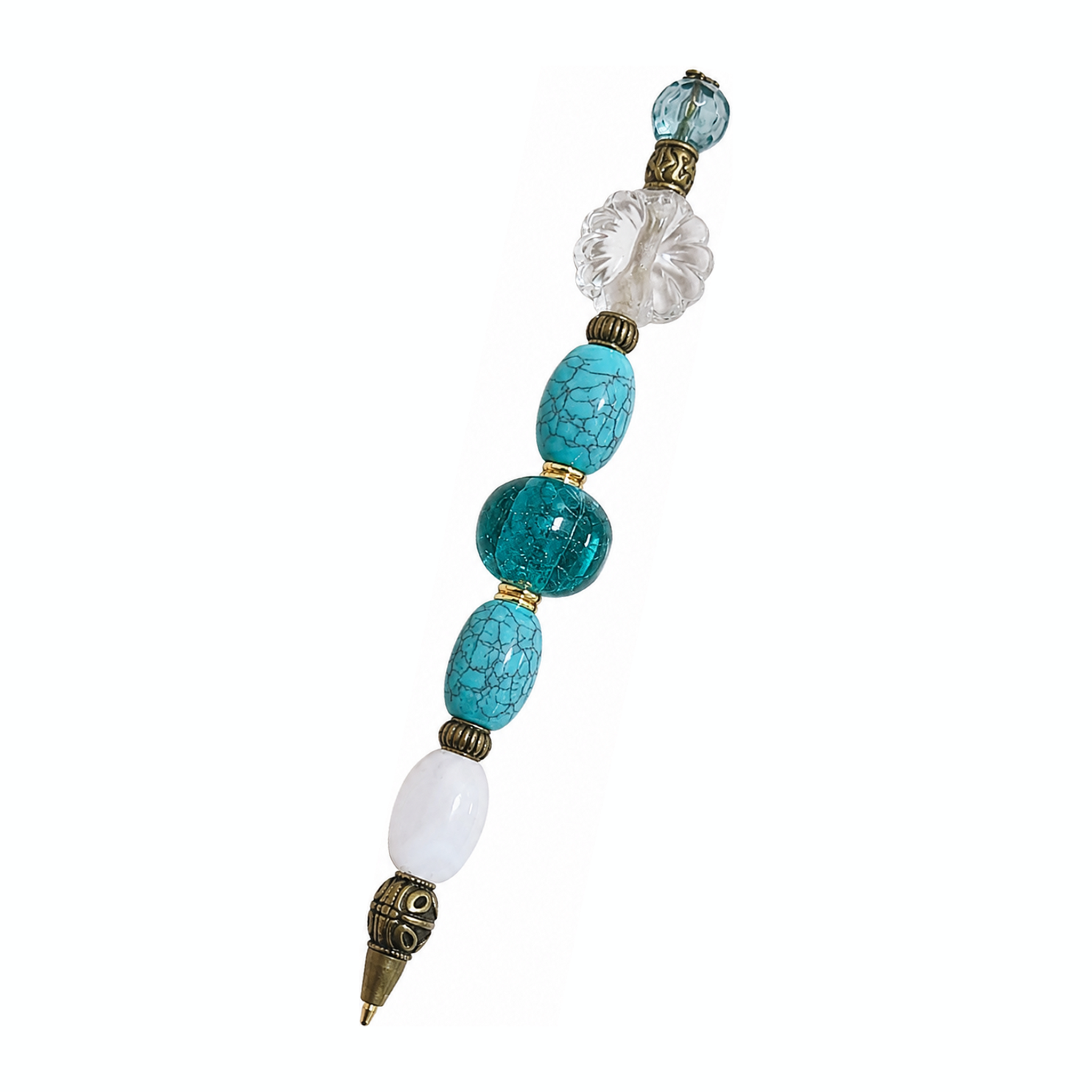 Turquoise Bloom handmade beaded pen with veined turquoise glass beads and antique brass fittings