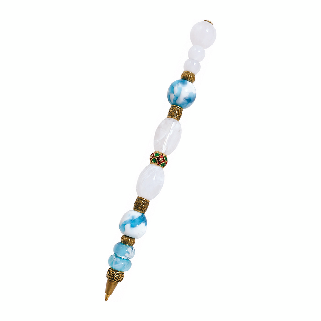 Cloudwork handmade beaded pen with blue & white marbled glass beads and antique brass fittings