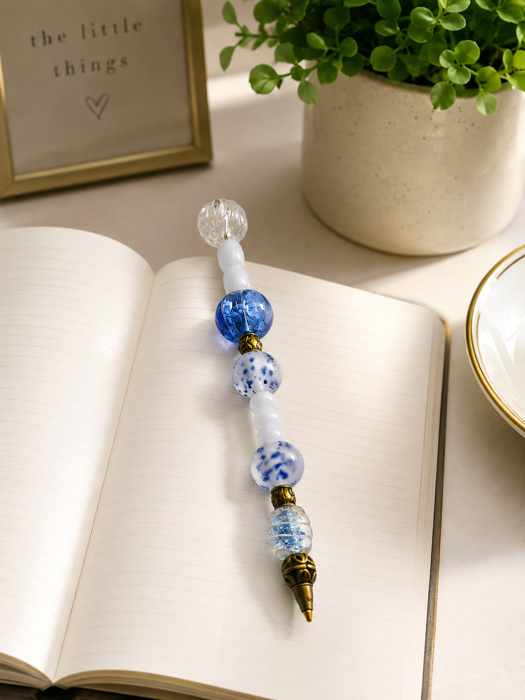 Elegant desk vignette with the Blue Willow beaded pen