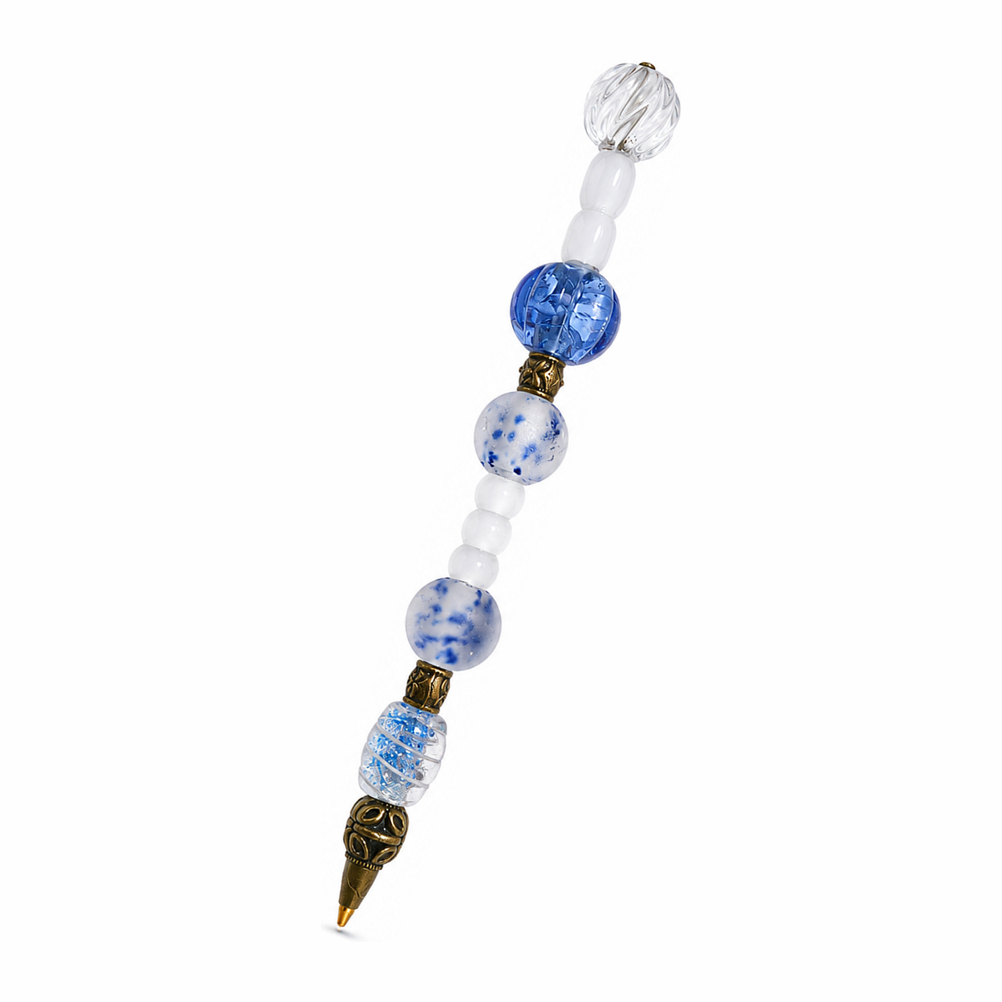 Blue Willow handmade beaded pen with cobalt & porcelain blue glass beads and antique brass fittings