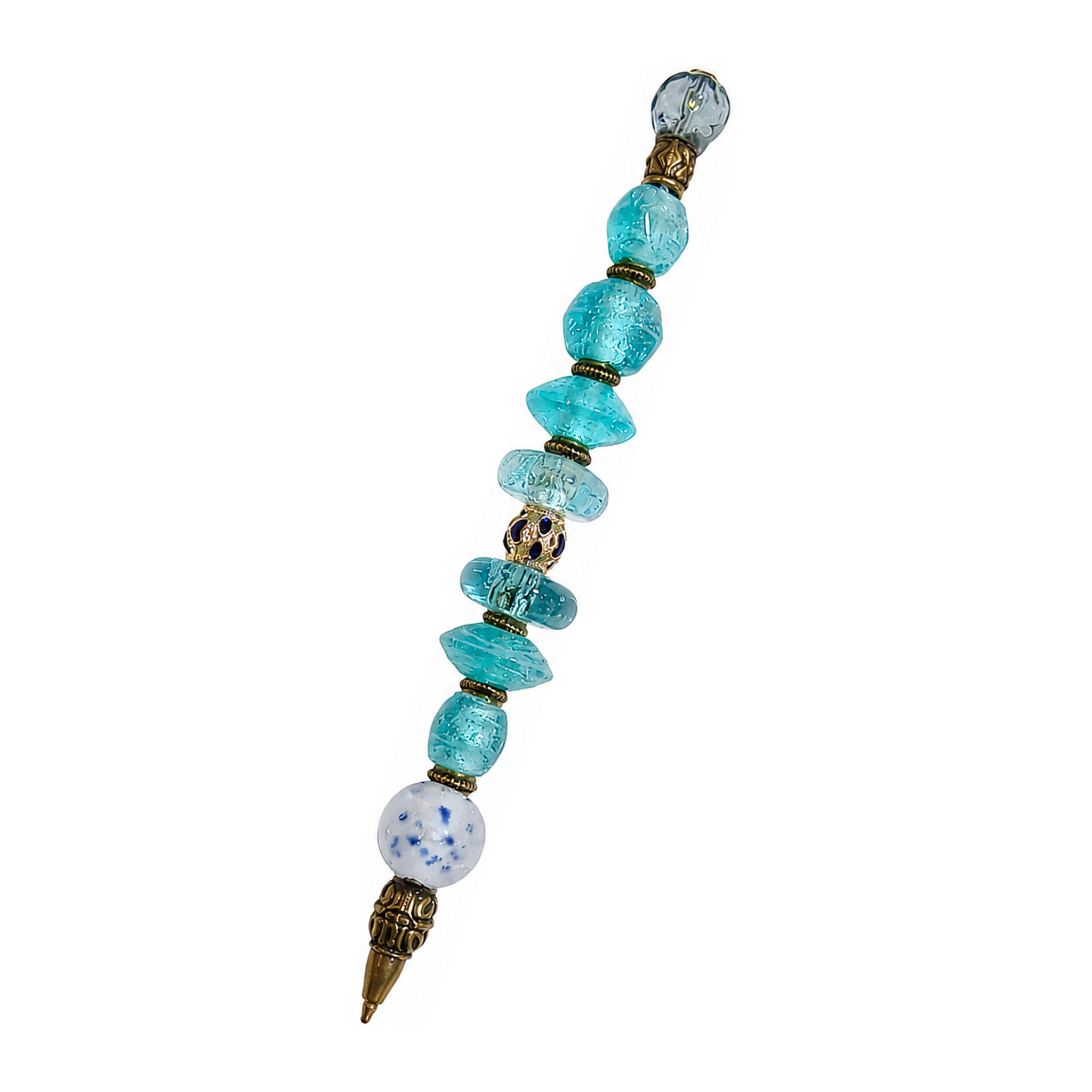 Shoal handmade beaded pen with aqua glass glass beads and antique brass fittings