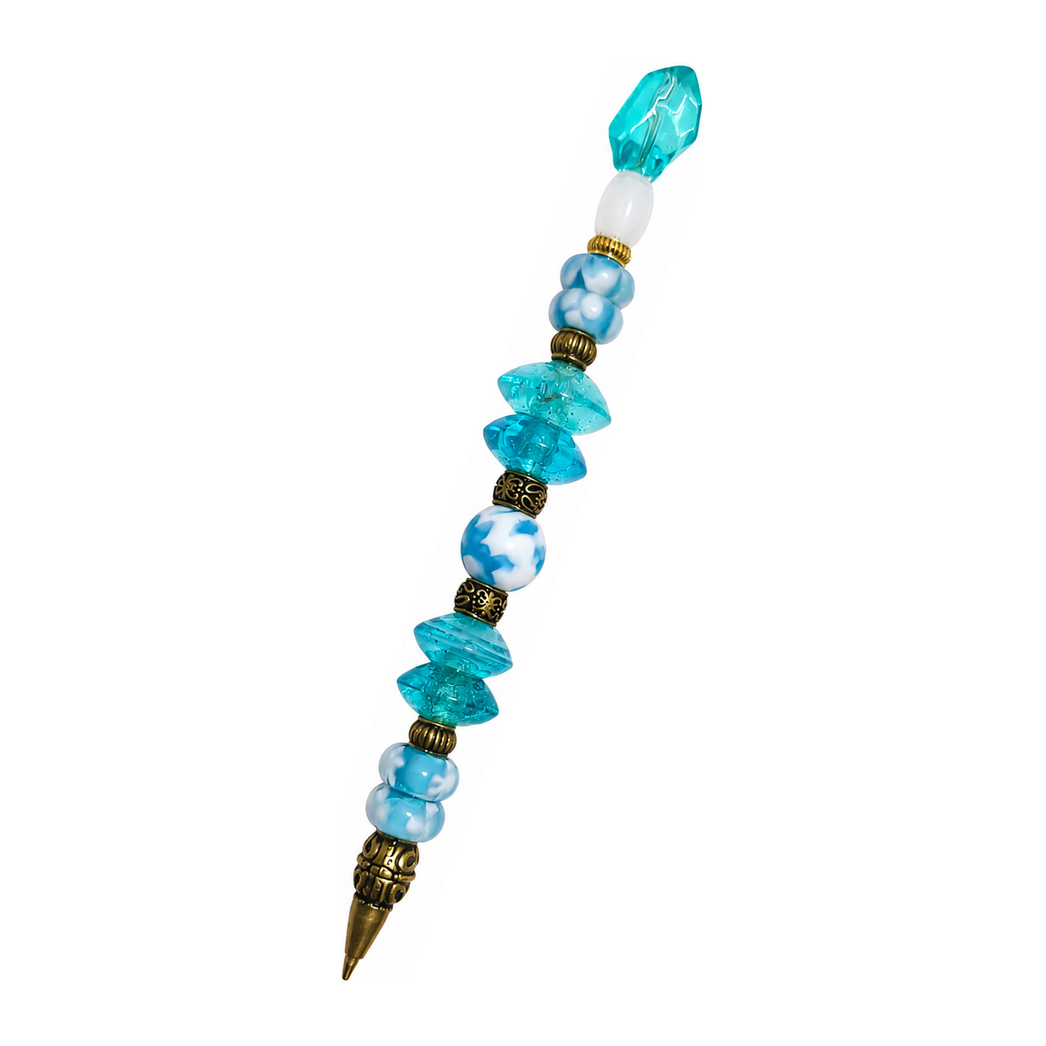 Forget-Me-Not handmade beaded pen with aqua & floral glass beads and antique brass fittings