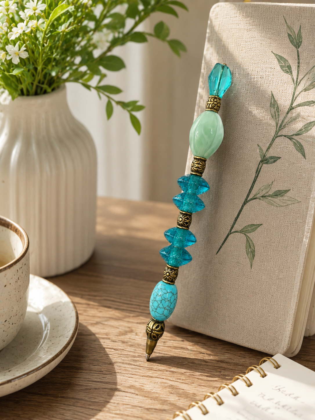 Elegant desk vignette with the Reef beaded pen