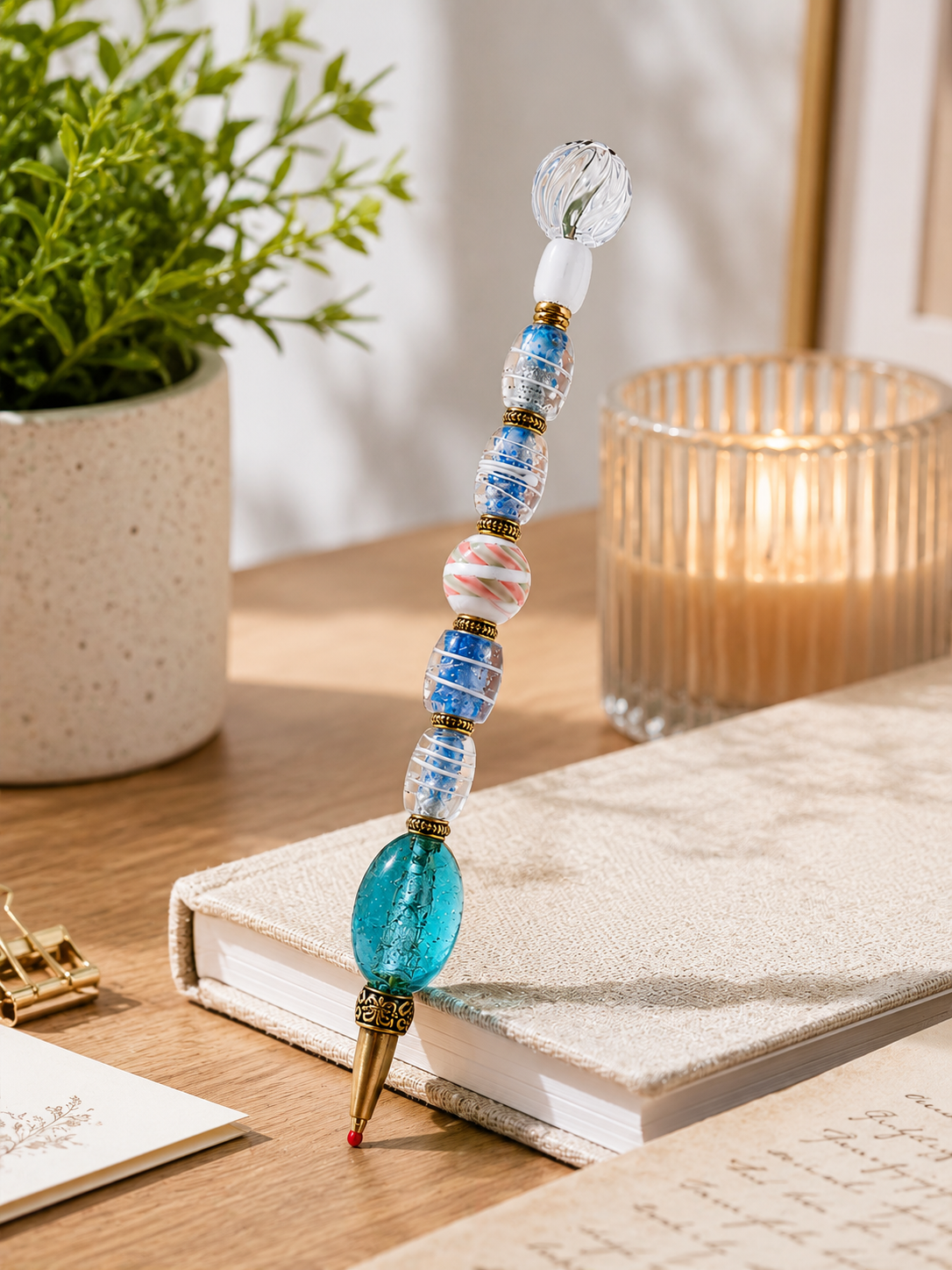 Elegant desk vignette with the Seaglass Ribbon beaded pen