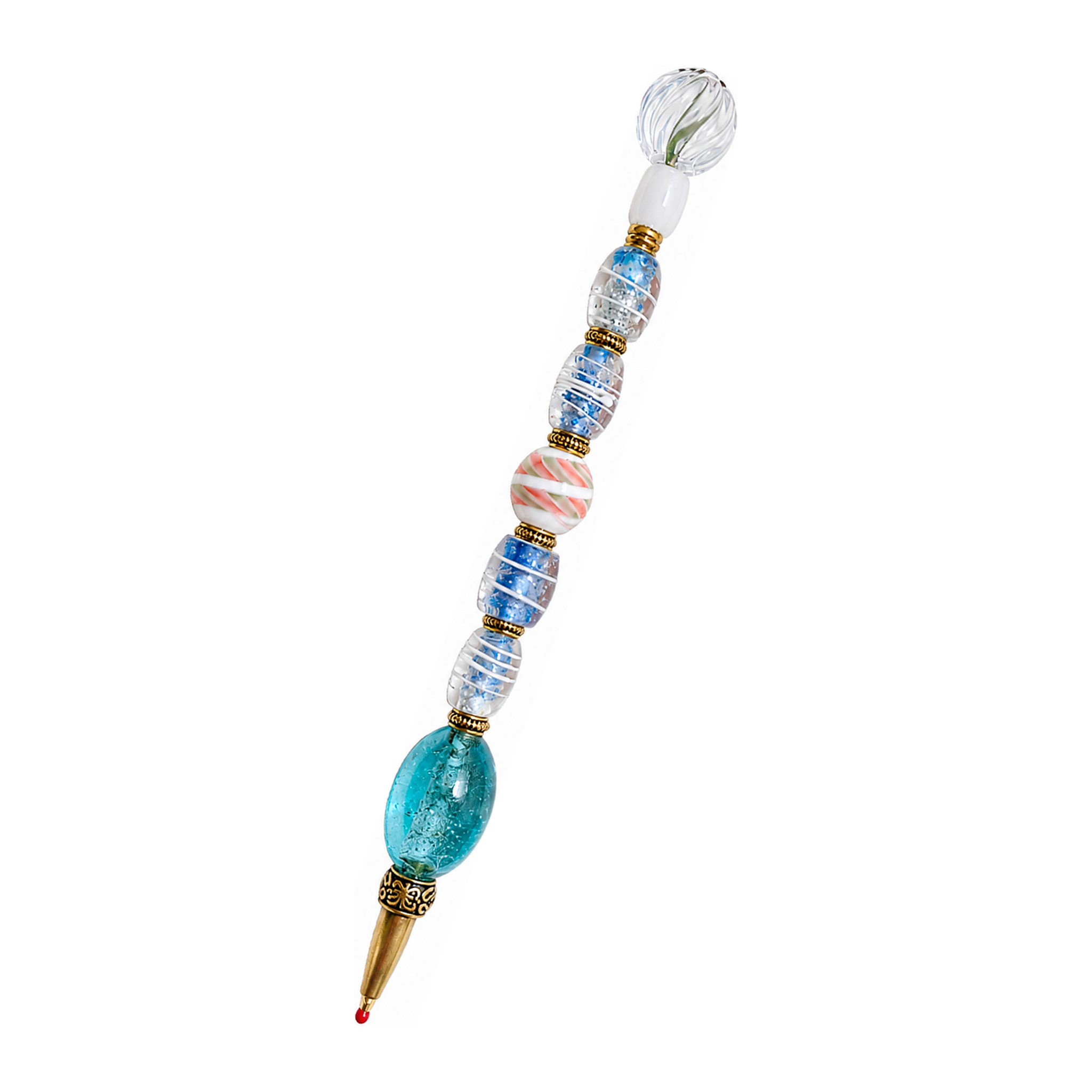 Seaglass Ribbon handmade beaded pen with blue swirl glass beads and antique brass fittings