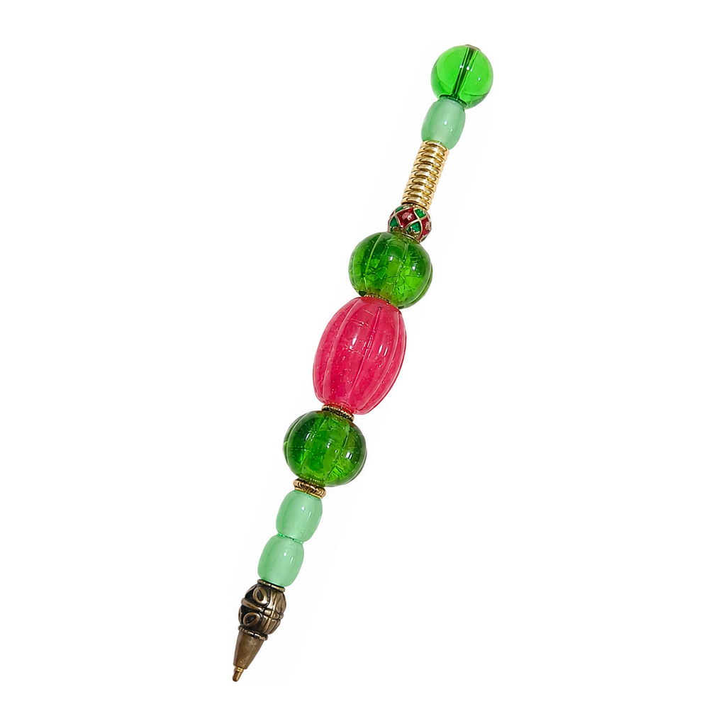 Watermelon handmade beaded pen with green & pink glass beads and antique brass fittings