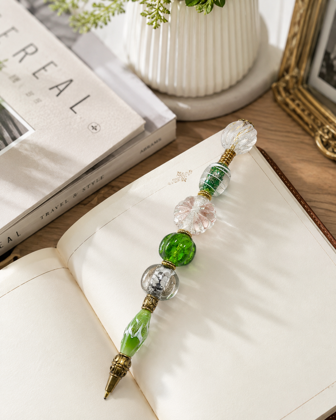 Elegant desk vignette with the Fern & Frost beaded pen