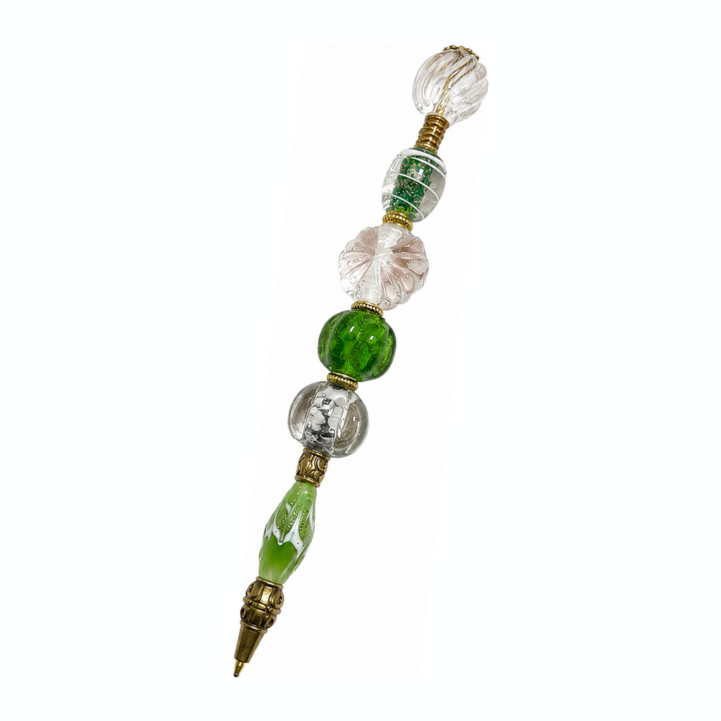 Fern & Frost handmade beaded pen with green & clear glass beads and antique brass fittings