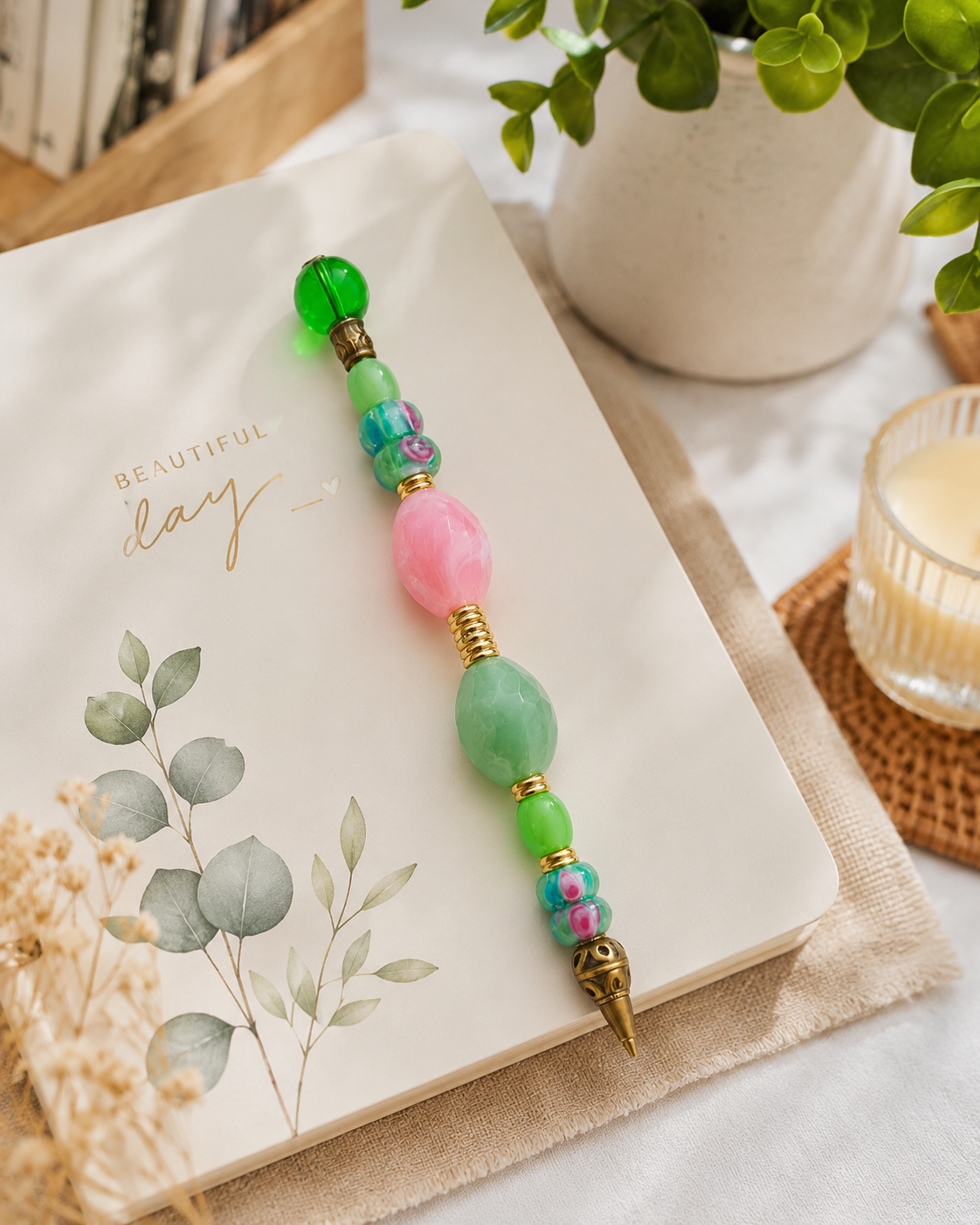 Elegant desk vignette with the Rose & Mint beaded pen