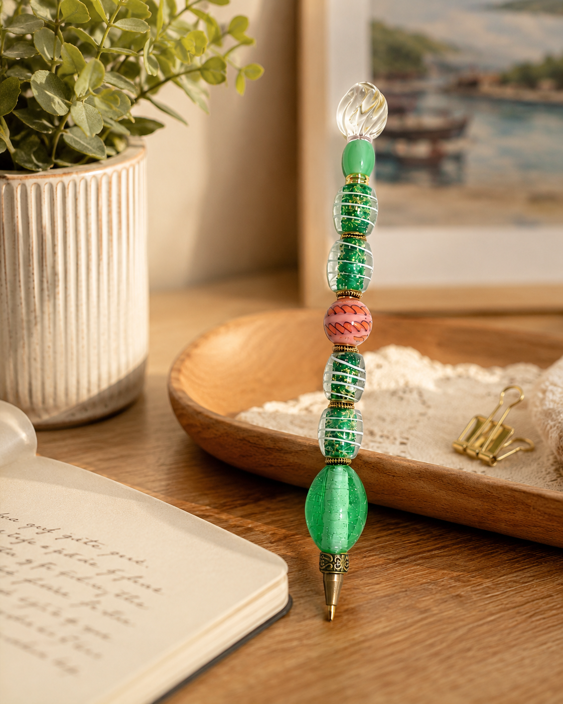 Elegant desk vignette with the Meadow beaded pen