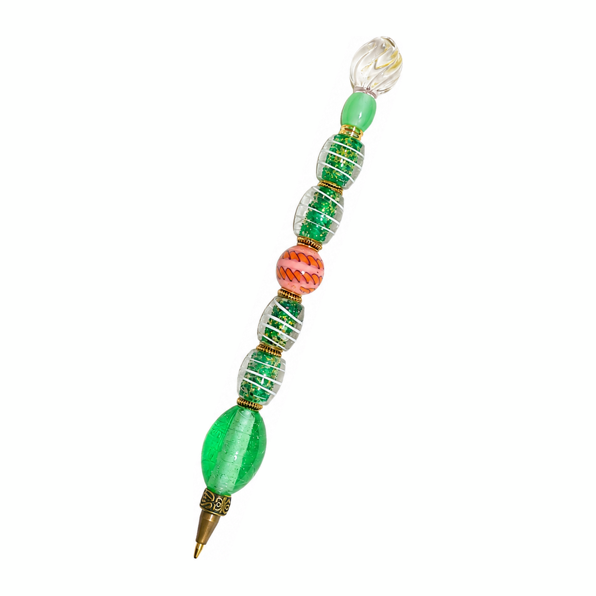 Meadow handmade beaded pen with green glitter glass beads and antique brass fittings