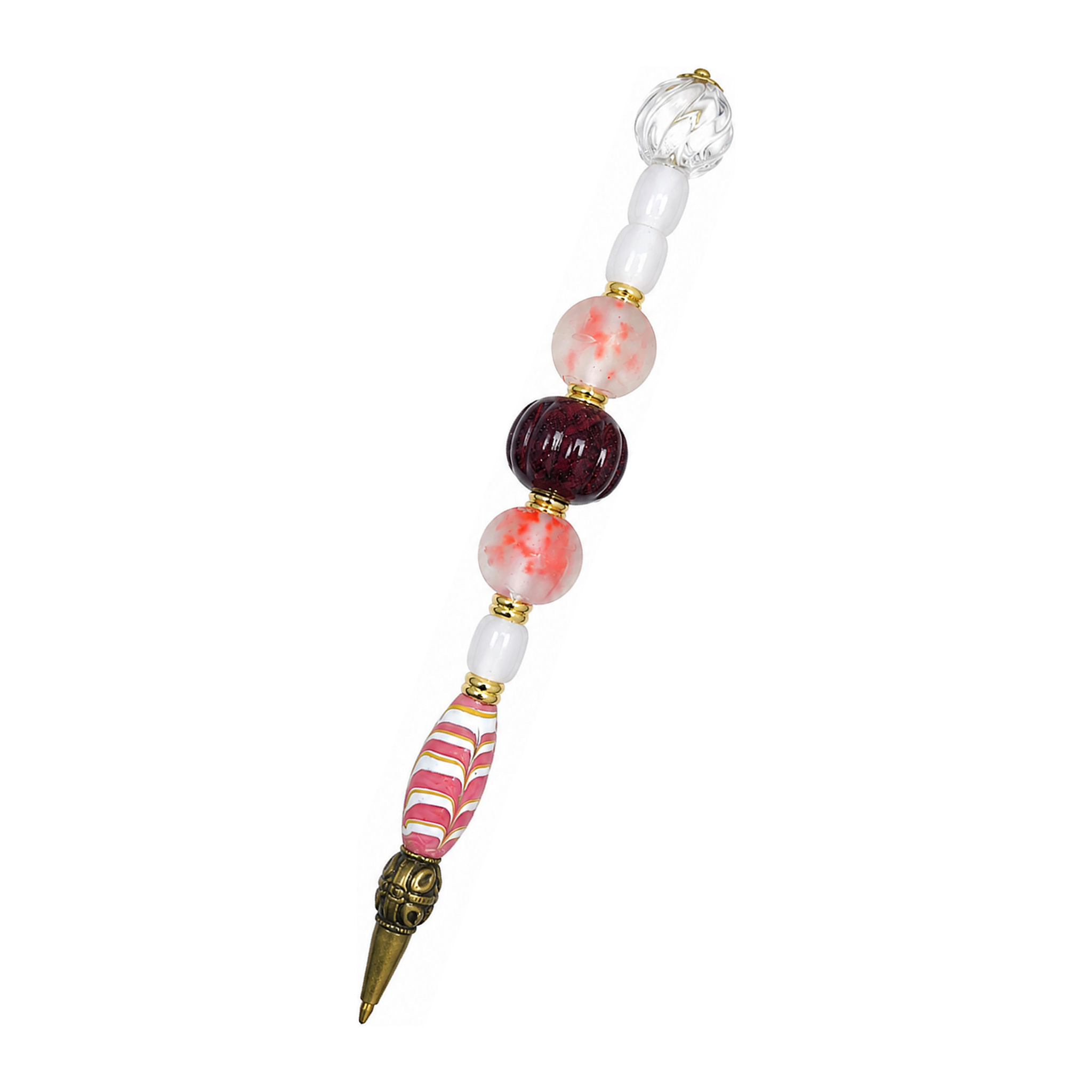 Garnet & Blush handmade beaded pen with deep red & rose glass beads and antique brass fittings