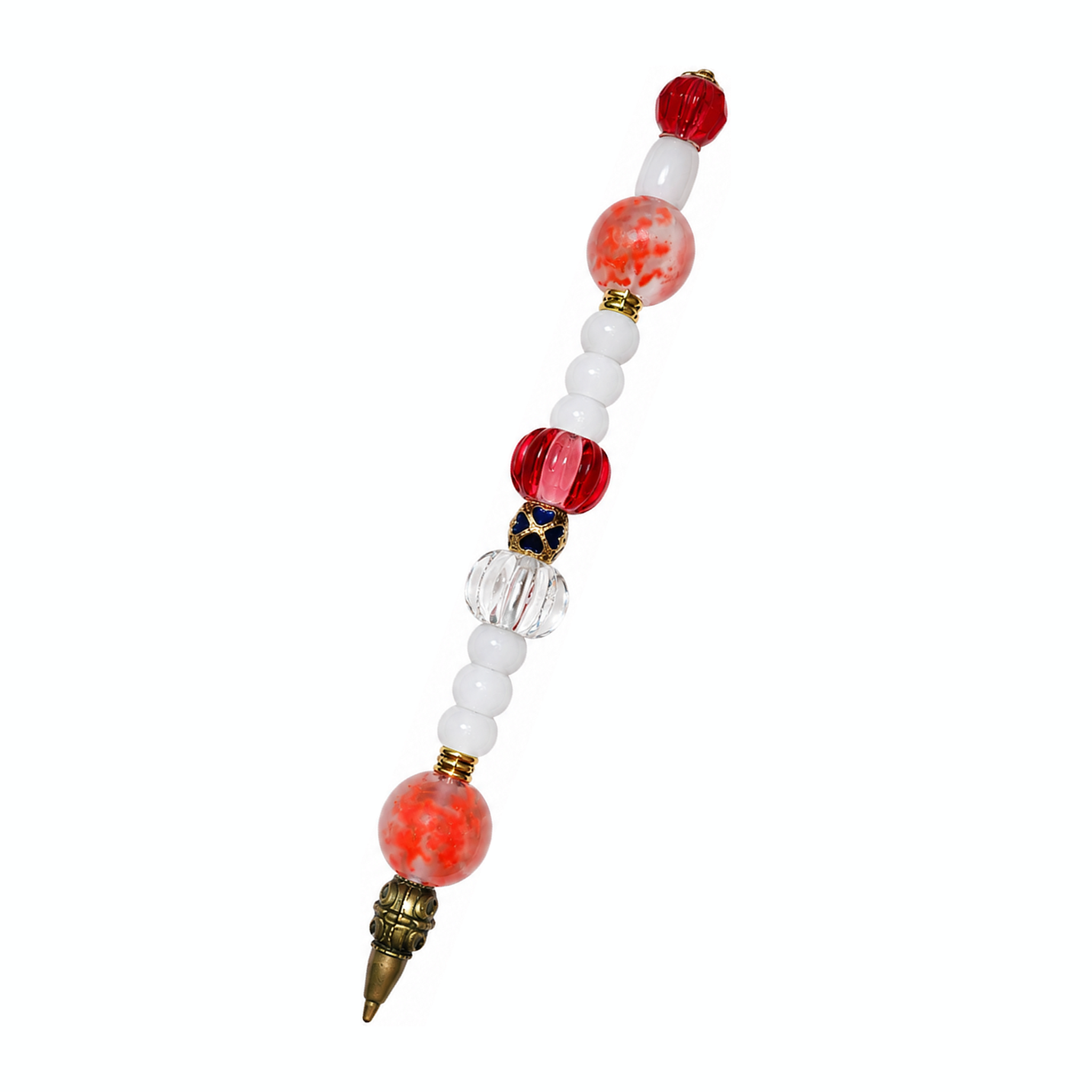 Poppy Field handmade beaded pen with red & white glass beads and antique brass fittings