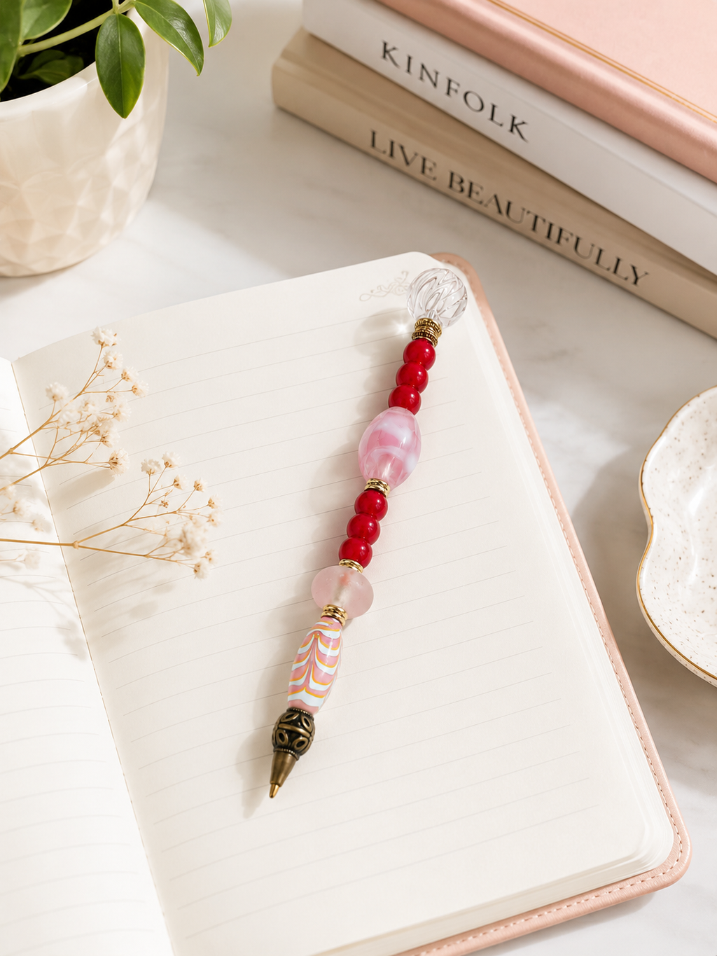 Elegant desk vignette with the Camellia beaded pen