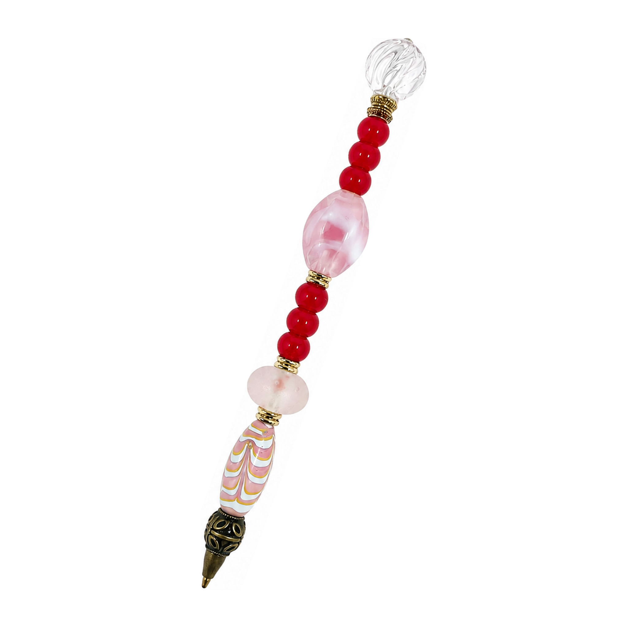 Camellia handmade beaded pen with red & pink glass beads and antique brass fittings