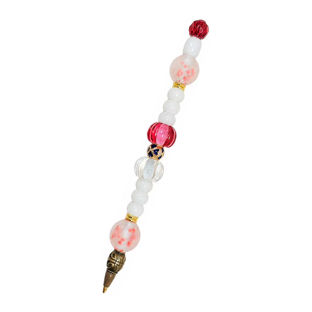 Cranberry & Cream handmade beaded pen with red & white glass beads and antique brass fittings