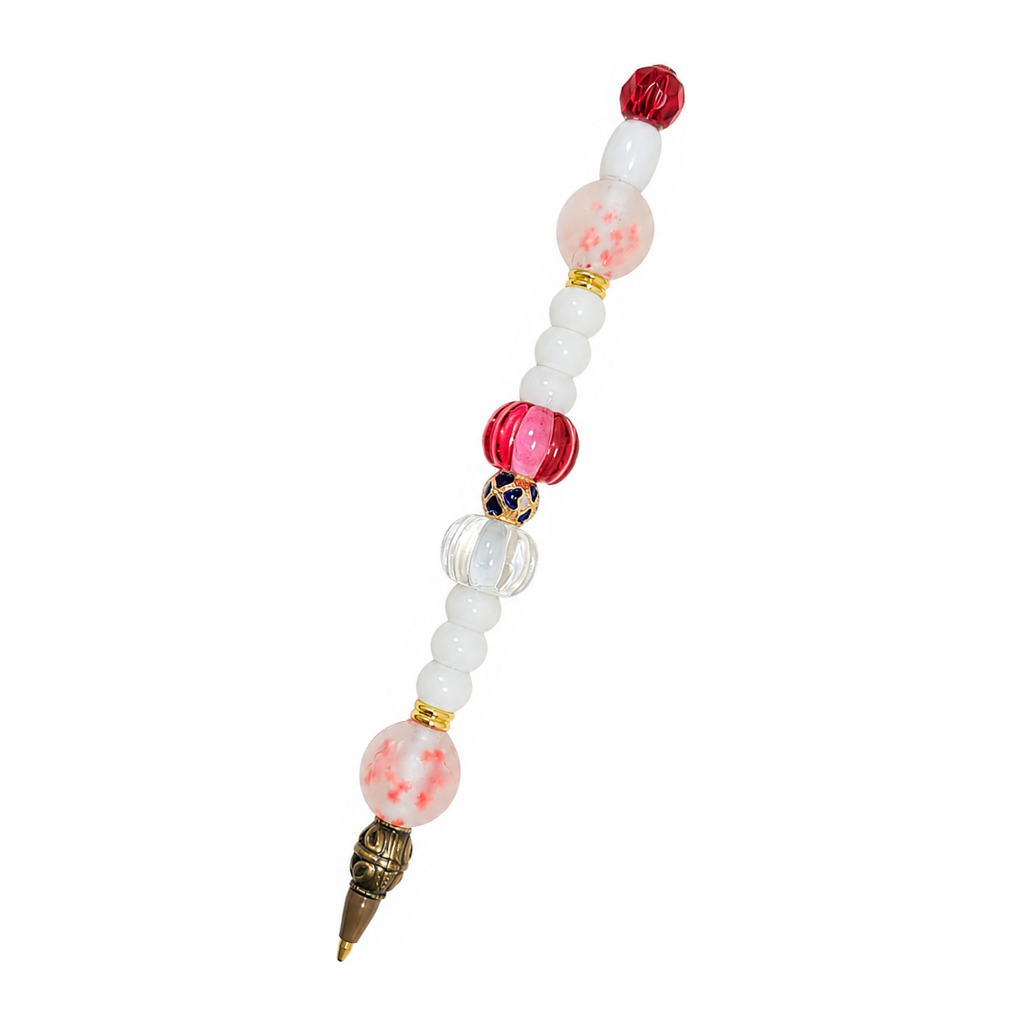 Cranberry & Cream handmade beaded pen with red & white glass beads and antique brass fittings