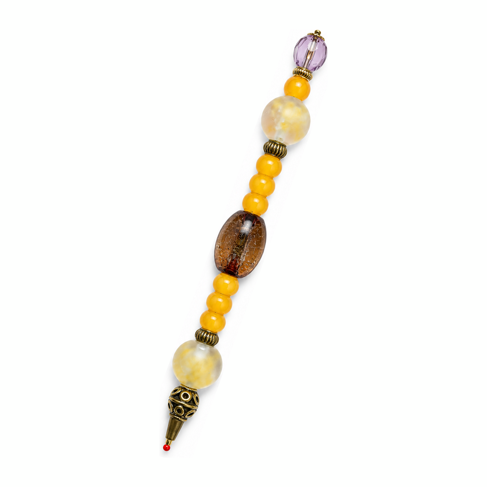 Honeycomb handmade beaded pen with amber & yellow glass beads and antique brass fittings