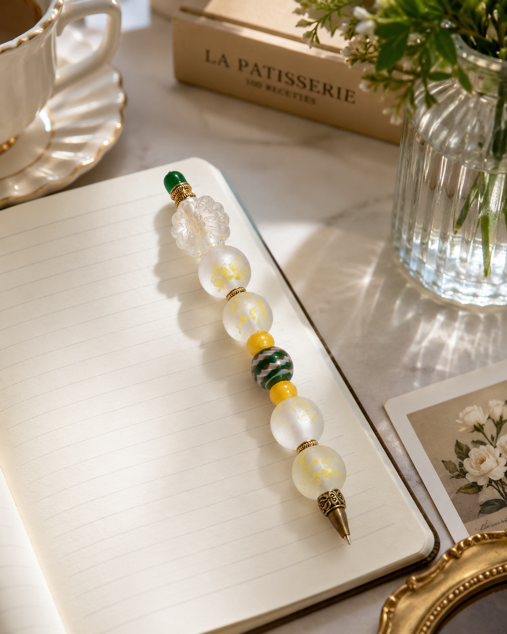 Elegant desk vignette with the Lemon Grove beaded pen