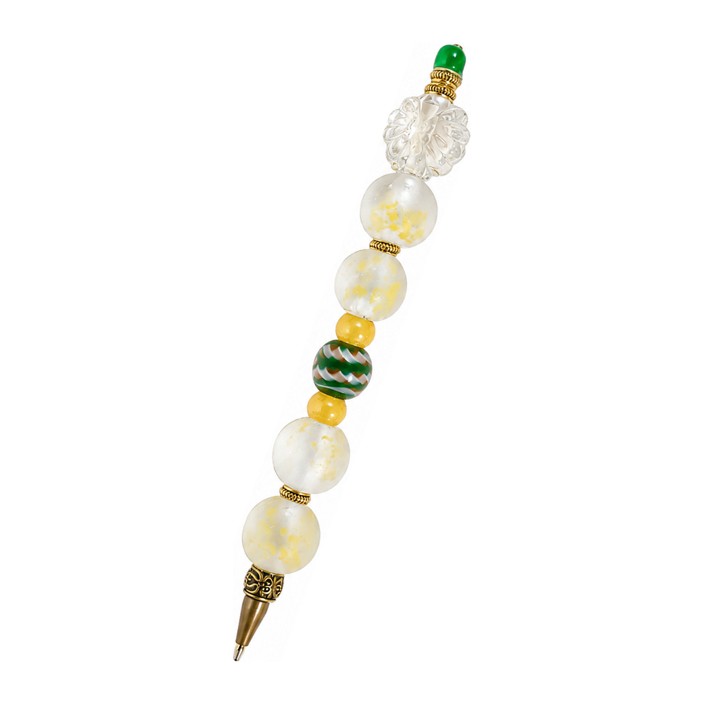 Lemon Grove handmade beaded pen with yellow & frosted glass beads and antique brass fittings
