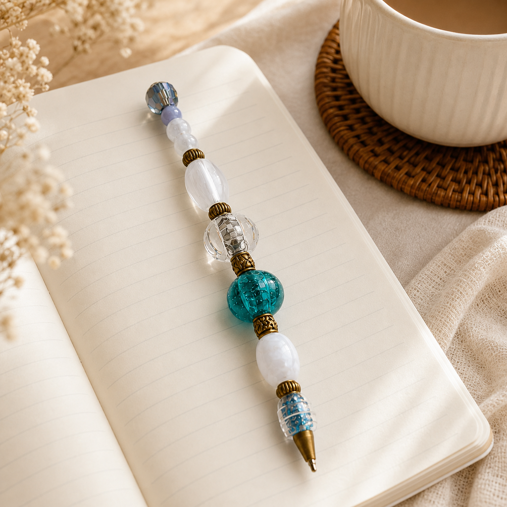 Handmade beaded pen resting on an open notebook