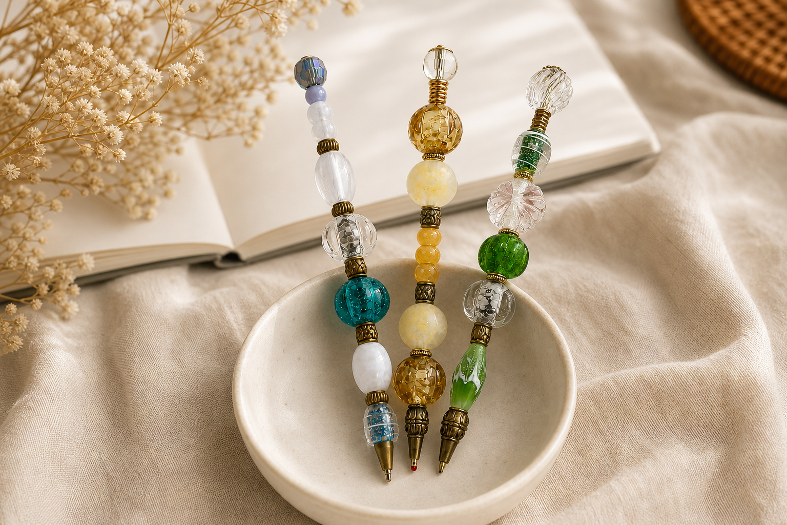 Handmade beaded pens grouped in a ceramic dish